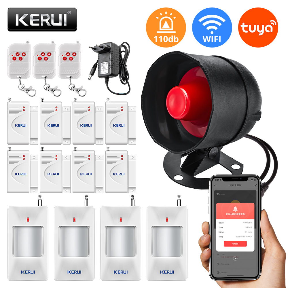 Home Security System Installation - Kerui Tuya ไซเรนความปลอดภัยในบ้านลำโพง WiFi, ไซเรนเสียงสูงเดซิเบลระบบเตือนภัยกันขโมยพร้อมประตูหน้าต่างเซ็นเซอร์การเคลื่อนไหวสำหรับบ้าน